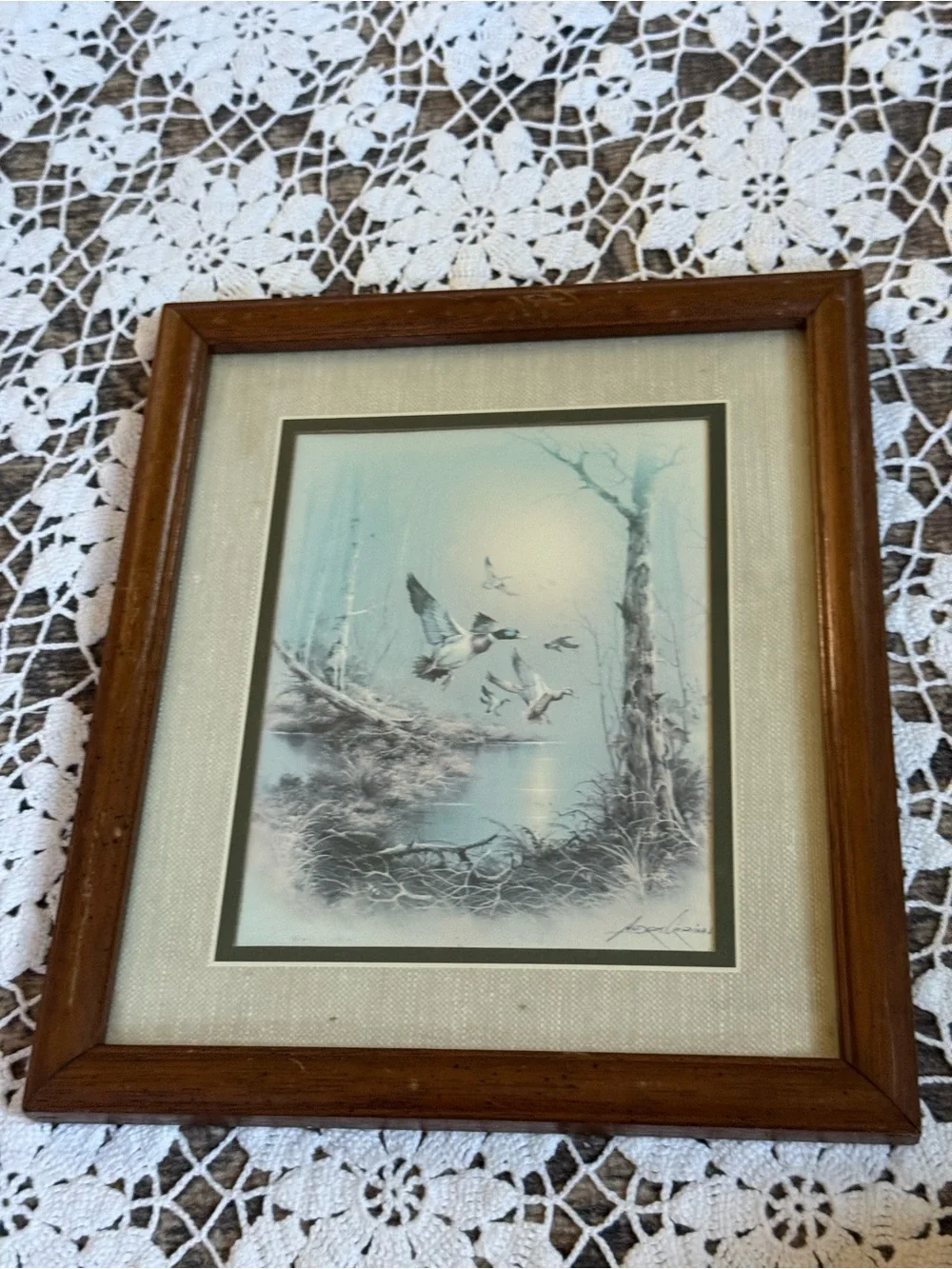 Vintage Framed Duck Hunting Print Signed Andrew Coina Woodland Waterfowl Art